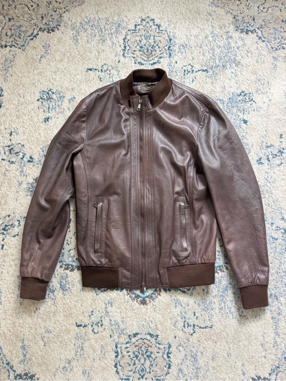 Scuola Del Cuoio Brown Leather Bomber Jacket Florence Italy, Size 50 Italian